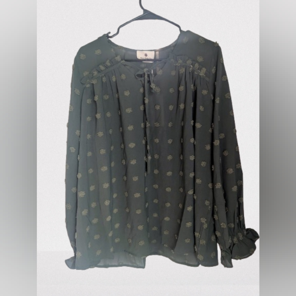 BOGO New with Tags- Olive Blouse with Textured Dots And Cinched Sleeves - Small